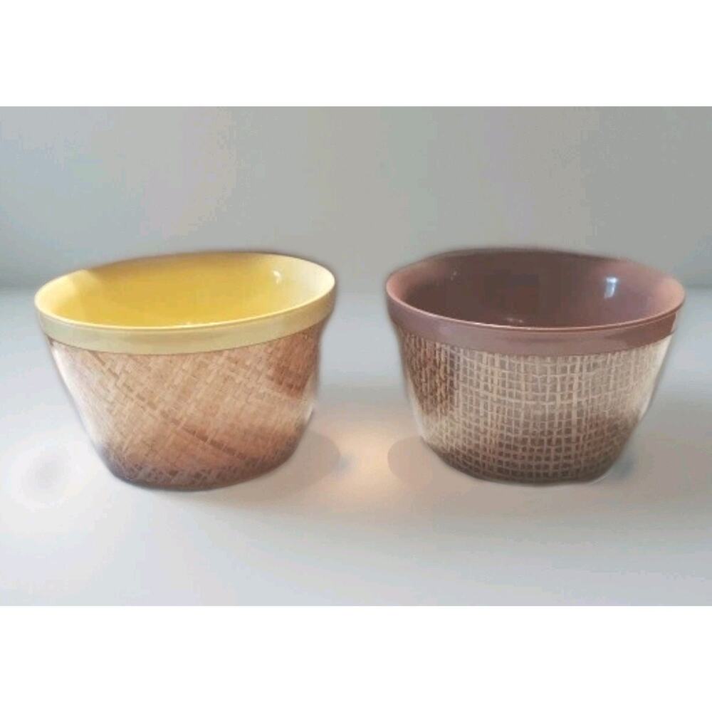 Two MCM Mid Century Raffiaware by Thermo-Temp Rattan Bowls Melamine